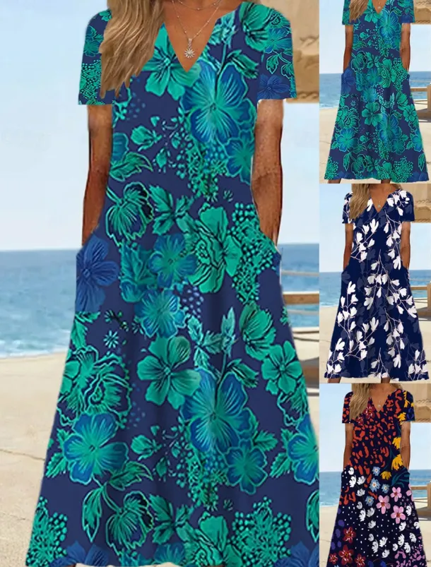 Women's Midi Dress Shift Dress Sundress Floral Pocket Print V Neck Date Vacation Short Sleeve Summer Spring