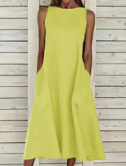 Women's Midi Dress Sleeveless Pockets Casual A-Line Silhouette Round Neckline White Summer Versatile Regular Fit Comfortable Lightweight Breathable Clothing Apparel