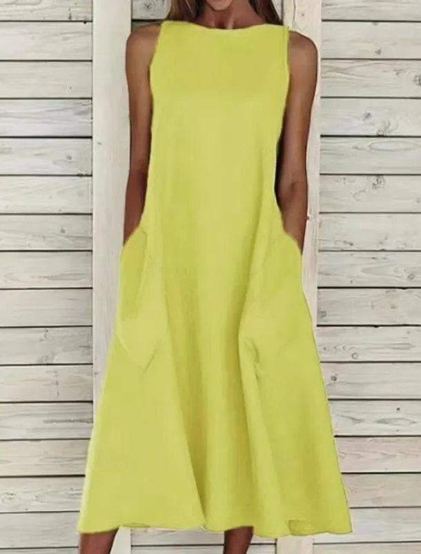 Women's Midi Dress Sleeveless Pockets Casual A-Line Silhouette Round Neckline White Summer Versatile Regular Fit Comfortable Lightweight Breathable Clothing Apparel
