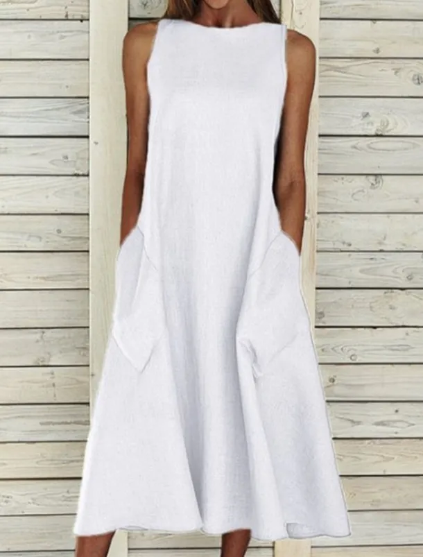 Women's Midi Dress Sleeveless Pockets Casual A-Line Silhouette Round Neckline White Summer Versatile Regular Fit Comfortable Lightweight Breathable Clothing Apparel