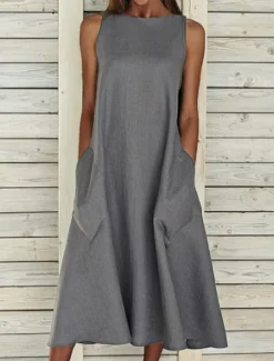Women's Midi Dress Sleeveless Pockets Casual A-Line Silhouette Round Neckline White Summer Versatile Regular Fit Comfortable Lightweight Breathable Clothing Apparel