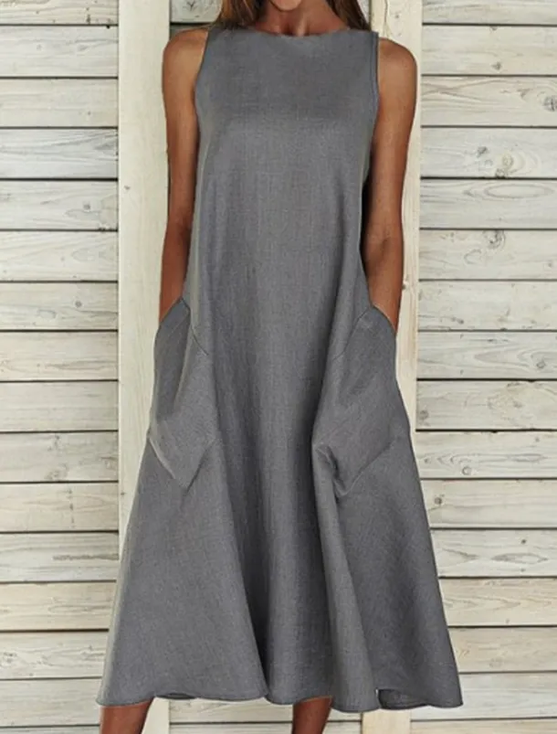 Women's Midi Dress Sleeveless Pockets Casual A-Line Silhouette Round Neckline White Summer Versatile Regular Fit Comfortable Lightweight Breathable Clothing Apparel