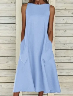 Women's Midi Dress Sleeveless Pockets Casual A-Line Silhouette Round Neckline White Summer Versatile Regular Fit Comfortable Lightweight Breathable Clothing Apparel