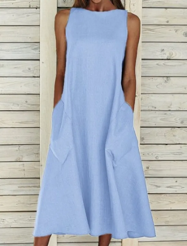Women's Midi Dress Sleeveless Pockets Casual A-Line Silhouette Round Neckline White Summer Versatile Regular Fit Comfortable Lightweight Breathable Clothing Apparel