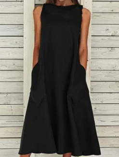 Women's Midi Dress Sleeveless Pockets Casual A-Line Silhouette Round Neckline White Summer Versatile Regular Fit Comfortable Lightweight Breathable Clothing Apparel