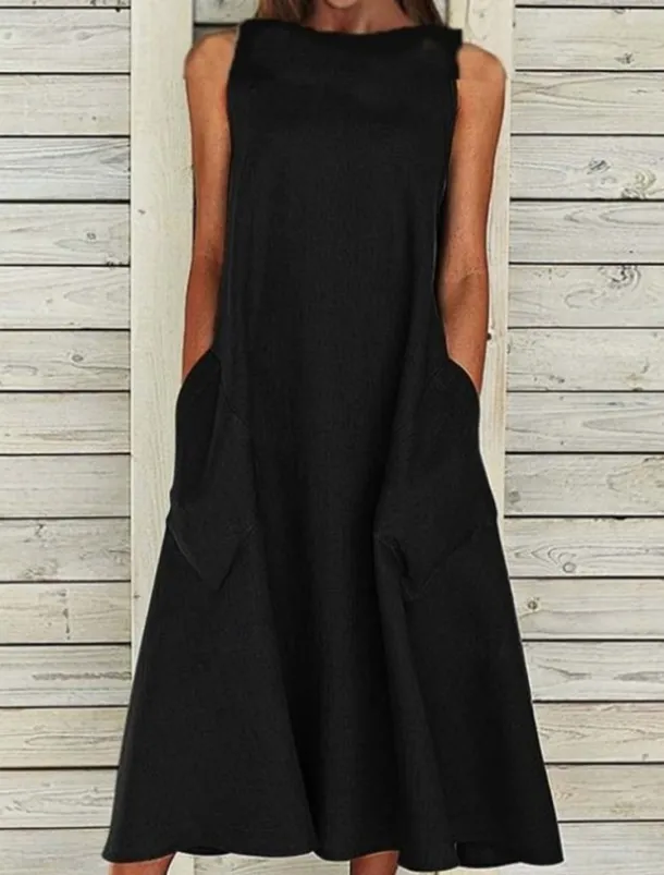 Women's Midi Dress Sleeveless Pockets Casual A-Line Silhouette Round Neckline White Summer Versatile Regular Fit Comfortable Lightweight Breathable Clothing Apparel