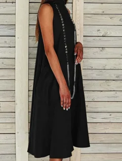 Women's Midi Dress Sleeveless Pockets Casual A-Line Silhouette Round Neckline White Summer Versatile Regular Fit Comfortable Lightweight Breathable Clothing Apparel