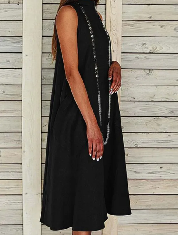 Women's Midi Dress Sleeveless Pockets Casual A-Line Silhouette Round Neckline White Summer Versatile Regular Fit Comfortable Lightweight Breathable Clothing Apparel