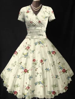 Women's Midi Dress Summer Dress Fit And Flare Dress Vacation Party Casual Wedding Party Wedding Guest Regular Fit Floral Graphic Short Sleeve V Neck Black Pink Green Beige Summer