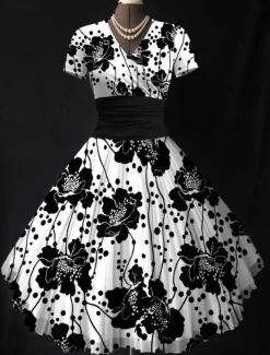 Women's Midi Dress Summer Dress Fit And Flare Dress Vacation Party Casual Wedding Party Wedding Guest Regular Fit Floral Graphic Short Sleeve V Neck Black Pink Green Beige Summer