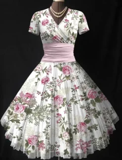 Women's Midi Dress Summer Dress Fit And Flare Dress Vacation Party Casual Wedding Party Wedding Guest Regular Fit Floral Graphic Short Sleeve V Neck Black Pink Green Beige Summer