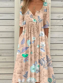 Women's Midi Dress Summer Dress Pleated Dress Vacation Casual Beach Holiday Regular Fit Floral Graphic Short Sleeve Crew Neck Blue Purple Orange Summer