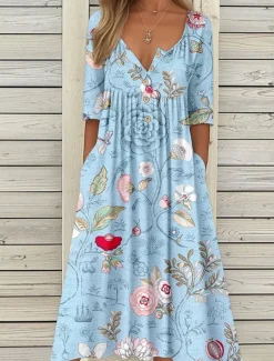 Women's Midi Dress Summer Dress Pleated Dress Vacation Casual Beach Holiday Regular Fit Floral Graphic Short Sleeve Crew Neck Blue Purple Orange Summer