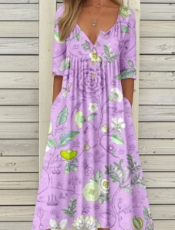 Women's Midi Dress Summer Dress Pleated Dress Vacation Casual Beach Holiday Regular Fit Floral Graphic Short Sleeve Crew Neck Blue Purple Orange Summer