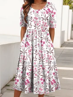 Women's Midi Dress Summer Dress Pleated Dress Vacation Casual Beach Daily Holiday Regular Fit Floral Graphic Short Sleeve Crew Neck Yellow Pink Blue Summer Spring