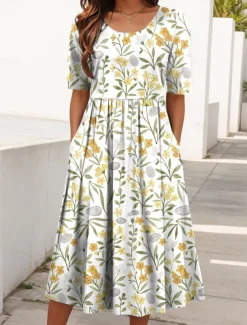 Women's Midi Dress Summer Dress Pleated Dress Vacation Casual Beach Daily Holiday Regular Fit Floral Graphic Short Sleeve Crew Neck Yellow Pink Blue Summer Spring