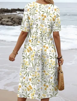 Women's Midi Dress Summer Dress Pleated Dress Vacation Casual Beach Daily Holiday Regular Fit Floral Graphic Short Sleeve Crew Neck Yellow Pink Blue Summer Spring