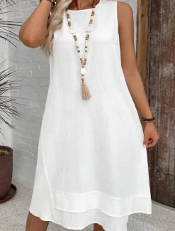 Women's Midi Dress Summer Dress Casual Daily Regular Fit Solid Color Sleeveless Crew Neck White Navy Blue Summer