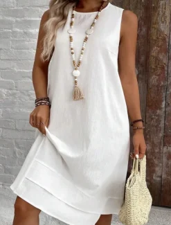 Women's Midi Dress Summer Dress Casual Daily Regular Fit Solid Color Sleeveless Crew Neck White Navy Blue Summer