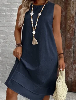 Women's Midi Dress Summer Dress Casual Daily Regular Fit Solid Color Sleeveless Crew Neck White Navy Blue Summer