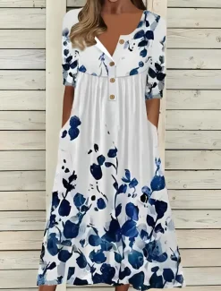 Women's Midi Dress Summer Dress Pleated Dress Vacation Casual Beach Holiday Regular Fit Floral Graphic Short Sleeve Crew Neck White Blue Light Blue Summer