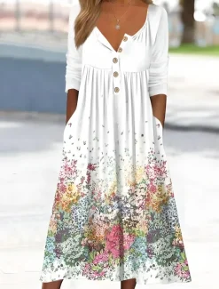 Women's Midi Dress Summer Dress Pleated Dress Vacation Casual Beach Holiday Regular Fit Floral Graphic Short Sleeve Crew Neck White Blue Light Blue Summer