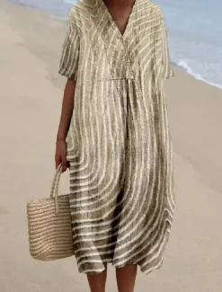 Women's Midi Dress Sundress A Line Dress Vacation Casual Beach linen like Going out Loose Fit Short Sleeve V Neck claret Orange off-white Dark Gray