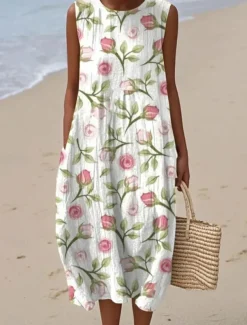 Women's Midi Dress Sundress Vacation Casual Boho Going out Floral Graphic Sleeveless Crewneck White Blue Orange Green Summer Spring