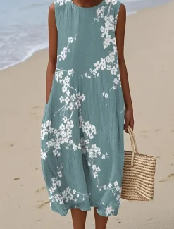 Women's Midi Dress Sundress Vacation Casual Boho Going out Floral Graphic Sleeveless Crewneck White Blue Orange Green Summer Spring