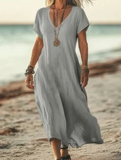Women's Midi Dress Sundress Summer Dress Casual Daily Holiday Beach Regular Fit Linen Like Plain Short Sleeve V Neck White Pink Blue Green Summer