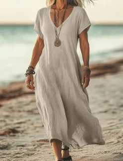 Women's Midi Dress Sundress Summer Dress Casual Daily Holiday Beach Regular Fit Linen Like Plain Short Sleeve V Neck White Pink Blue Green Summer