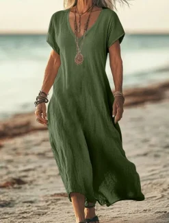 Women's Midi Dress Sundress Summer Dress Casual Daily Holiday Beach Regular Fit Linen Like Plain Short Sleeve V Neck White Pink Blue Green Summer