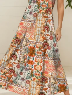 Women's Midi Dress Sundress A Line Dress Slip Dress Vacation Casual Vacation Daily Beach Regular Fit Graphic Vintage Bohemian Sleeveless V Neck Orange Summer Spring