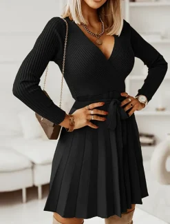 Women's Midi Dress Sweater Dress A Line Dress Elegant Stylish Casual Vacation Daily Regular Fit Plain Sleeveless V Neck Black Gray Fall Winter