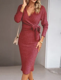 Women's Midi Dress Sweater Dress Wrap Dress Casual Casual Regular Fit Plain Long Sleeve V Neck Red Green Apricot Gray Fall Winter