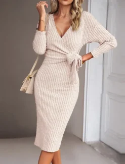 Women's Midi Dress Sweater Dress Wrap Dress Casual Casual Regular Fit Plain Long Sleeve V Neck Red Green Apricot Gray Fall Winter