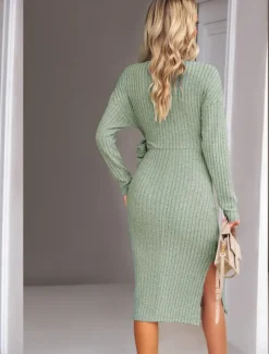 Women's Midi Dress Sweater Dress Wrap Dress Casual Casual Regular Fit Plain Long Sleeve V Neck Red Green Apricot Gray Fall Winter