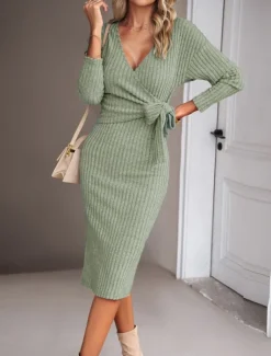 Women's Midi Dress Sweater Dress Wrap Dress Casual Casual Regular Fit Plain Long Sleeve V Neck Red Green Apricot Gray Fall Winter