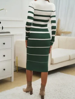 Women's Midi Dress Sweater Dress Sheath Dress Casual Casual Regular Fit Stripe Long Sleeve Round Neck Black White Green khaki Fall Winter