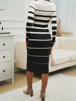Women's Midi Dress Sweater Dress Sheath Dress Casual Casual Regular Fit Stripe Long Sleeve Round Neck Black White Green khaki Fall Winter
