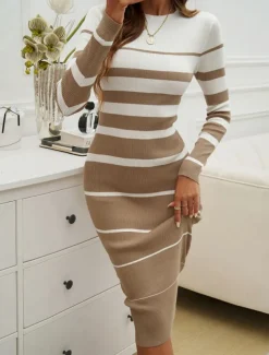 Women's Midi Dress Sweater Dress Sheath Dress Casual Casual Regular Fit Stripe Long Sleeve Round Neck Black White Green khaki Fall Winter