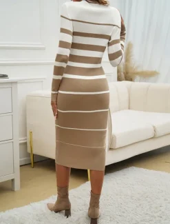 Women's Midi Dress Sweater Dress Sheath Dress Casual Casual Regular Fit Stripe Long Sleeve Round Neck Black White Green khaki Fall Winter