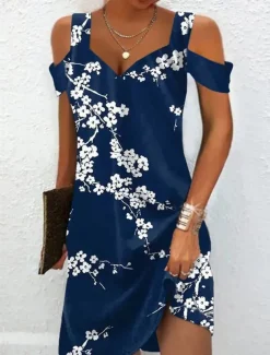 Women's Midi Dress T Shirt Dress Tee Dress Sundress Summer Dress Midi Dress Bohemia Sexy Boho Vacation Party Holiday Regular Fit Floral Short Sleeve Sweetheart Dark Blue Summer Spring