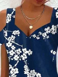 Women's Midi Dress T Shirt Dress Tee Dress Sundress Summer Dress Midi Dress Bohemia Sexy Boho Vacation Party Holiday Regular Fit Floral Short Sleeve Sweetheart Dark Blue Summer Spring