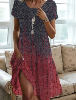 Women's Midi Dress T Shirt Dress Tee Dress A Line Dress Athletic Dress Casual Daily Regular Fit Graphic Short Sleeve Crew Neck Dark Red Red Green