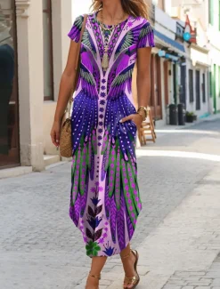 Women's Midi Dress T Shirt Dress Tee Dress Summer Dress Casual Boho Beach Daily Regular Fit Floral Graphic Tribal Short Sleeve Crew Neck Dark Yellow Red Blue Purple Summer