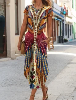 Women's Midi Dress T Shirt Dress Tee Dress Summer Dress Casual Boho Beach Daily Regular Fit Floral Graphic Tribal Short Sleeve Crew Neck Dark Yellow Red Blue Purple Summer