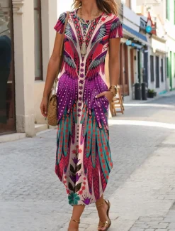 Women's Midi Dress T Shirt Dress Tee Dress Summer Dress Casual Boho Beach Daily Regular Fit Floral Graphic Tribal Short Sleeve Crew Neck Dark Yellow Red Blue Purple Summer