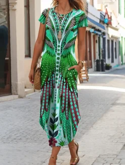 Women's Midi Dress T Shirt Dress Tee Dress Summer Dress Casual Boho Beach Daily Regular Fit Floral Graphic Tribal Short Sleeve Crew Neck Dark Yellow Red Blue Purple Summer