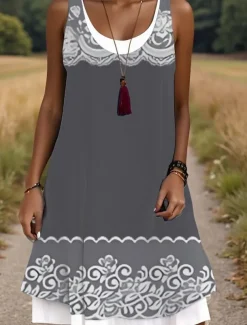 Women's Midi Dress Tank Dress Fashion Classic Outdoor Daily Weekend Regular Fit Graphic Geometric Sleeveless Crew Neck Light Grey Spring Fall
